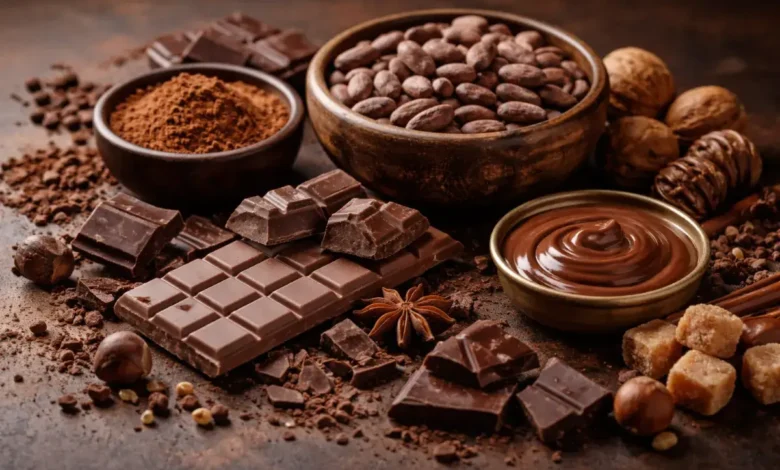 مكونات الشوكولاتة المختلفة مثل الكاكاو وحبوب الكاكاو وقطع الشوكولاتة