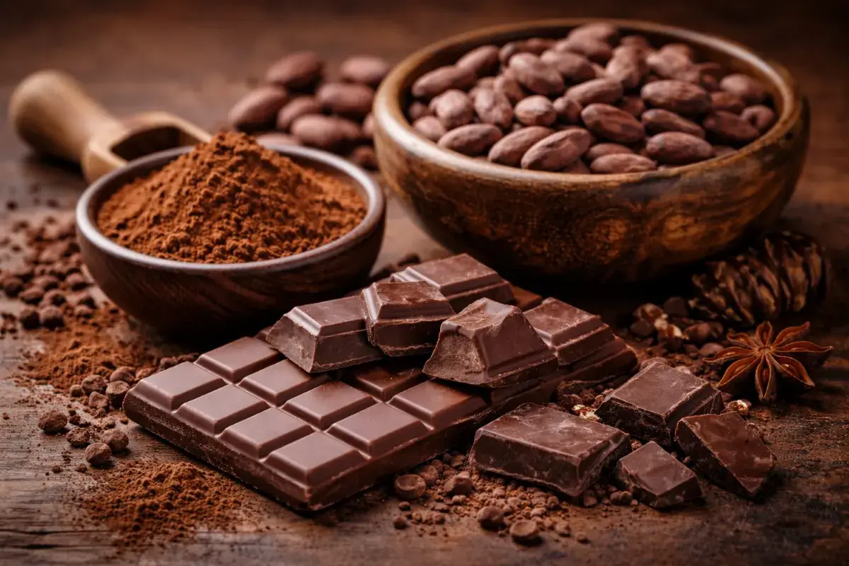 مكونات الشوكولاتة مثل الكاكاو وحبوب الكاكاو وقطع الشوكولاتة