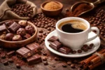 فنجان قهوة مع قطع شوكولاتة على طاولة خشبية في مشهد يعكس التوافق بين القهوة والشوكولاتة