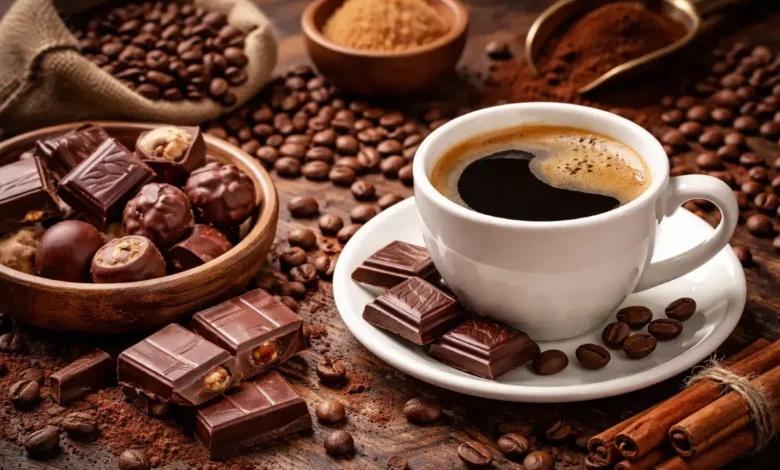 فنجان قهوة مع قطع شوكولاتة على طاولة خشبية في مشهد يعكس التوافق بين القهوة والشوكولاتة
