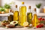 تشكيلة من زيوت الطبخ المختلفة مع مكونات طبيعية على سطح مطبخ منزلي