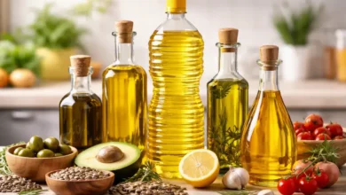 تشكيلة من زيوت الطبخ المختلفة مع مكونات طبيعية على سطح مطبخ منزلي
