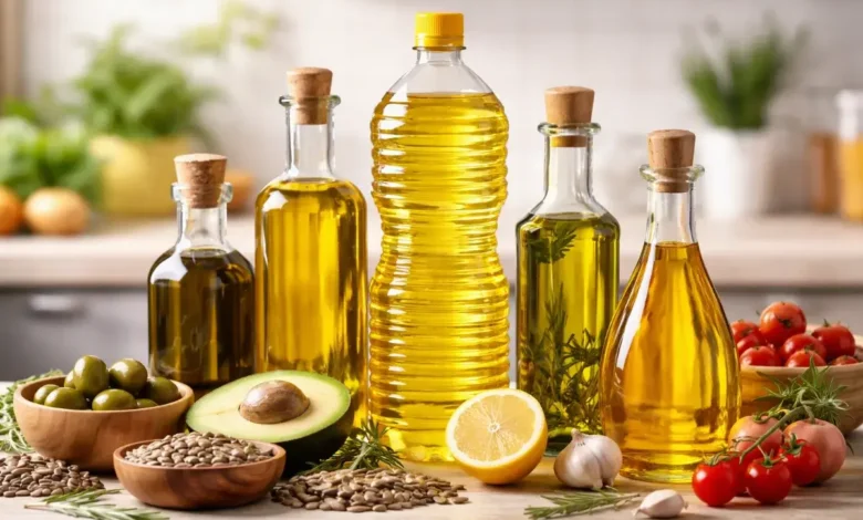 تشكيلة من زيوت الطبخ المختلفة مع مكونات طبيعية على سطح مطبخ منزلي