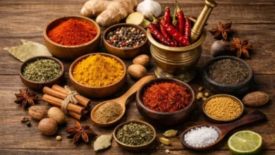 مجموعة من البهارات المتنوعة موضوعة في أوعية خشبية على سطح مطبخ