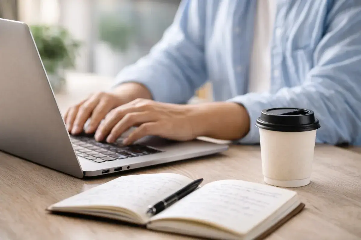 شخص يعمل على لابتوب وبجانبه مشروب على مكتب بإضاءة طبيعية تعكس بيئة عمل يومية