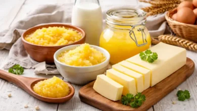 أنواع مختلفة من السمن والزبدة للاستخدام اليومي في المطبخ