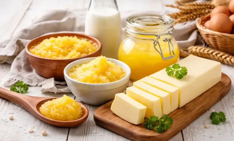 أنواع مختلفة من السمن والزبدة للاستخدام اليومي في المطبخ