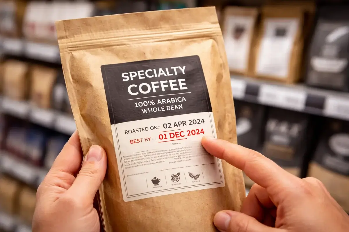 عبوة قهوة مع توضيح تاريخ التحميص وتاريخ الانتهاء