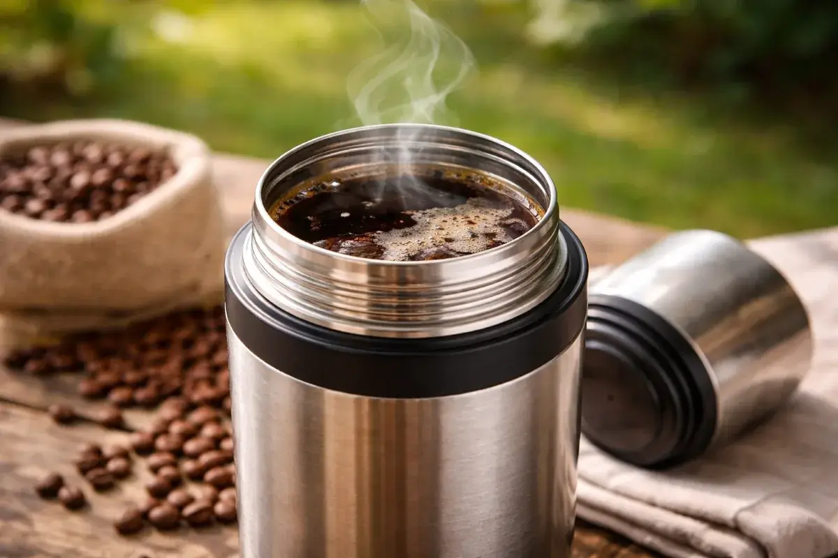 ترمس قهوة مفتوح يخرج منه بخار مع قهوة ساخنة بداخله