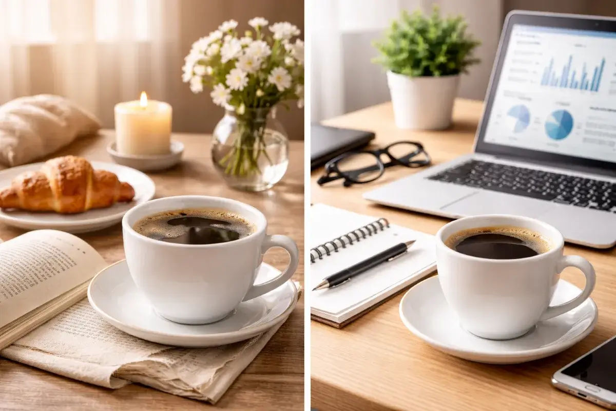 مشهد يوضح اختلاف اختيار القهوة بين الروتين المنزلي وبيئة العمل اليومية