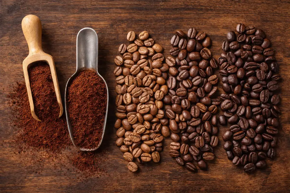 درجات تحميص مختلفة لحبوب القهوة مع قهوة مطحونة على سطح خشبي
