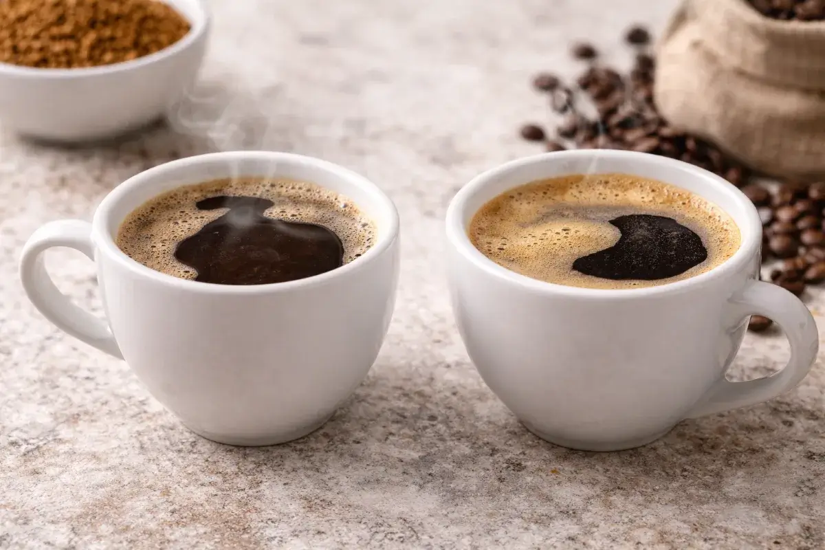 فنجانان قهوة يوضحان الفرق في القوام والمظهر بين القهوة الفورية والمطحونة
