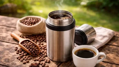 ترمس قهوة ساخنة مع فنجان قهوة وحبوب قهوة على طاولة خشبية