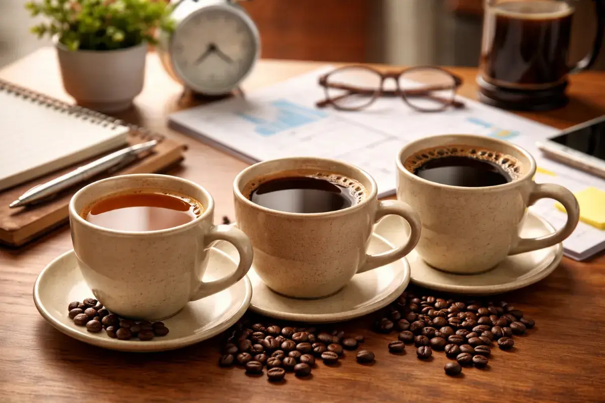 أنواع مختلفة من القهوة بدرجات تحميص متنوعة على مكتب عمل