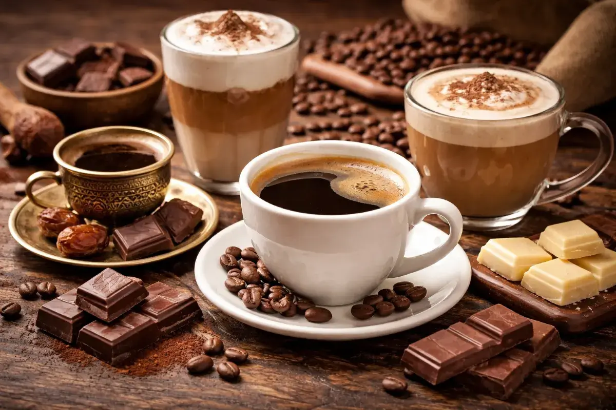 أكواب قهوة مختلفة مع قطع شوكولاتة توضح فكرة التوافق بين القهوة والشوكولاتة