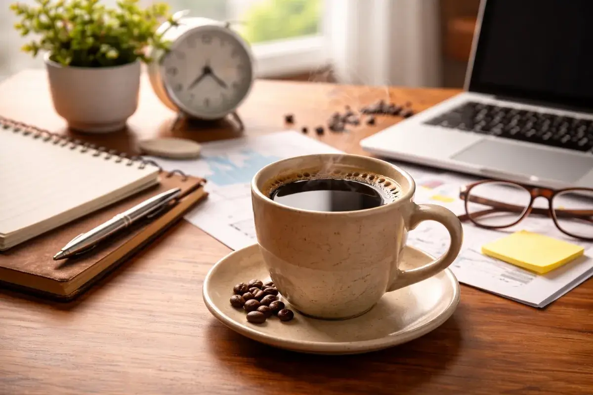 كوب قهوة على مكتب عمل يعكس أجواء التركيز خلال الدوام