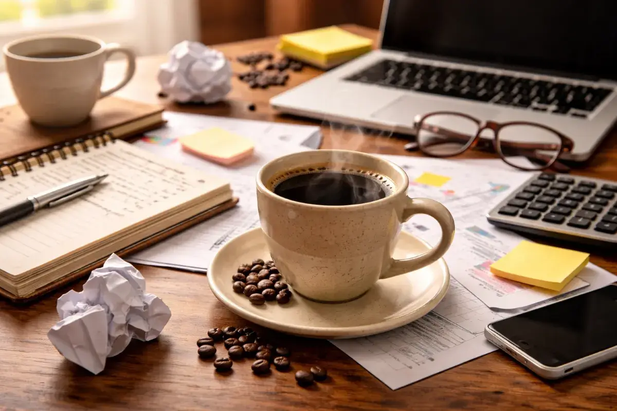 مكتب عمل غير مرتب مع كوب قهوة يعكس الإرهاق الذهني أثناء الدوام