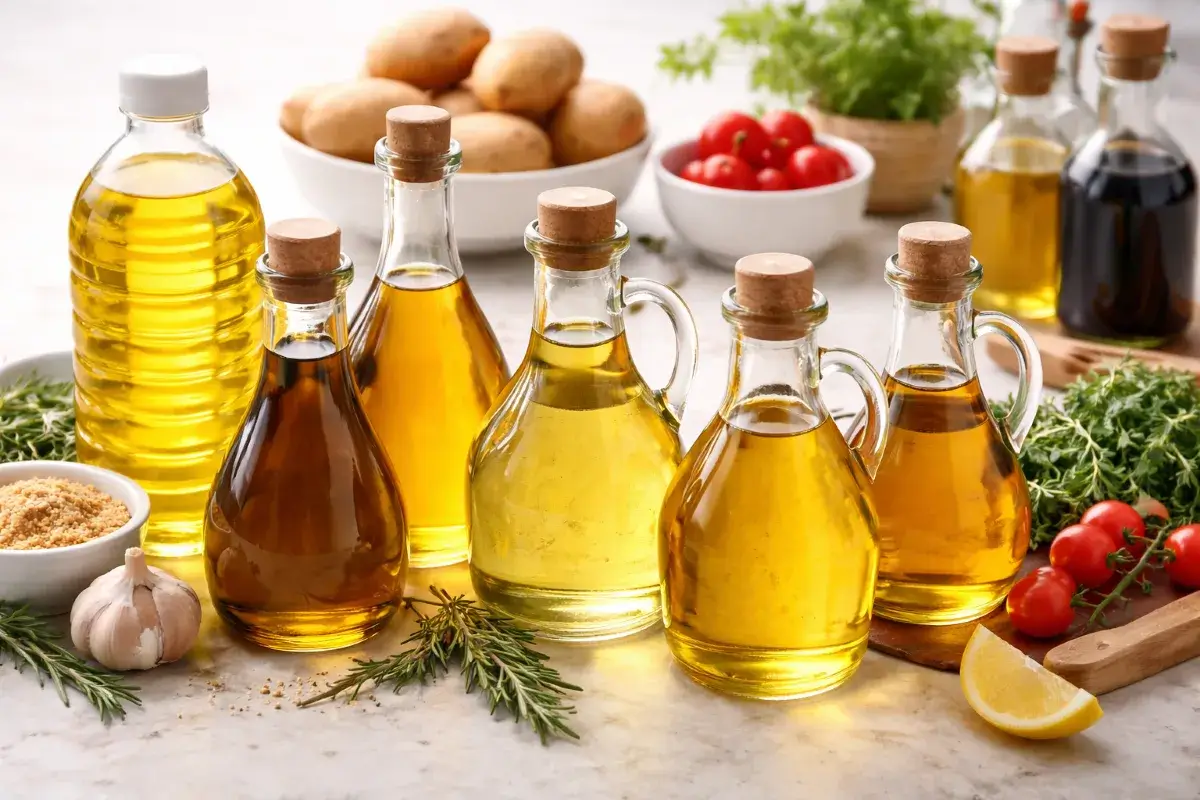 مجموعة من زيوت الطهي الشائعة المستخدمة في القلي العميق