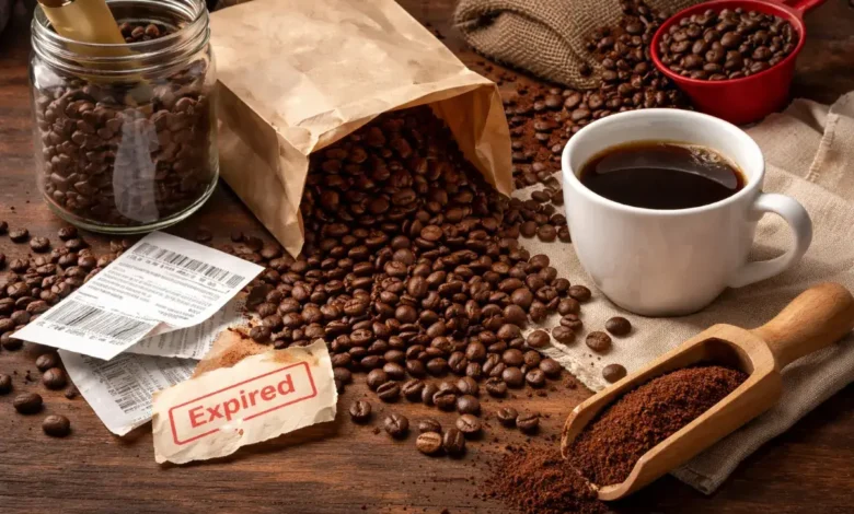 حبوب قهوة مطحونة وحبوب كاملة مع فنجان قهوة على طاولة خشبية