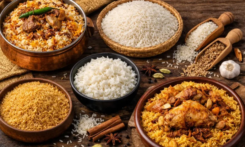 أطباق أرز مطبوخة وأنواع مختلفة من الأرز الجاف موضوعة على سطح خشبي