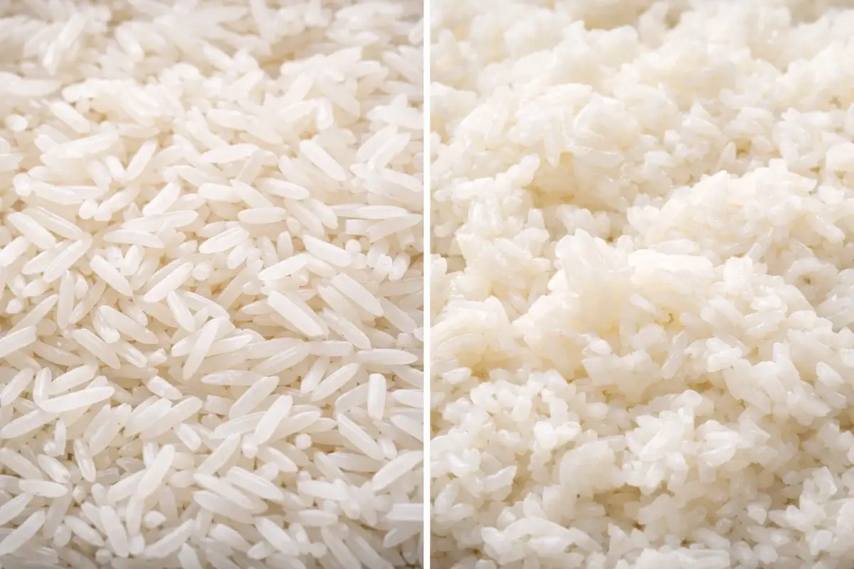 أرز مطبوخ بحبات منفصلة في جهة، وأرز مطبوخ بقوام أكثر تماسكًا في جهة أخرى