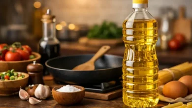 زيت طبخ مستخدم في المطبخ اليومي مع أدوات الطهي