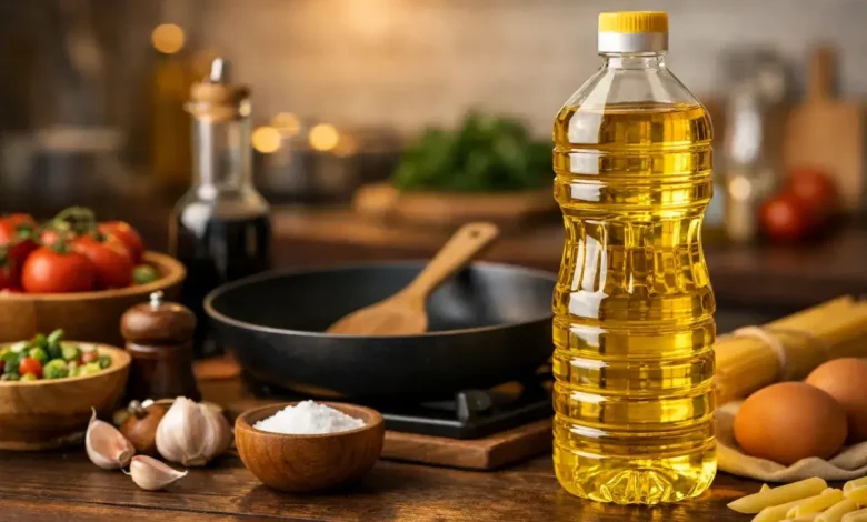 زيت طبخ مستخدم في المطبخ اليومي مع أدوات الطهي