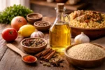 زيت طبخ مع مكونات الكبسة السعودية مثل الأرز والبهارات على طاولة مطبخ