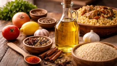 زيت طبخ مع مكونات الكبسة السعودية مثل الأرز والبهارات على طاولة مطبخ