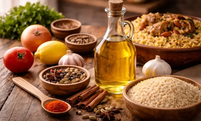 زيت طبخ مع مكونات الكبسة السعودية مثل الأرز والبهارات على طاولة مطبخ