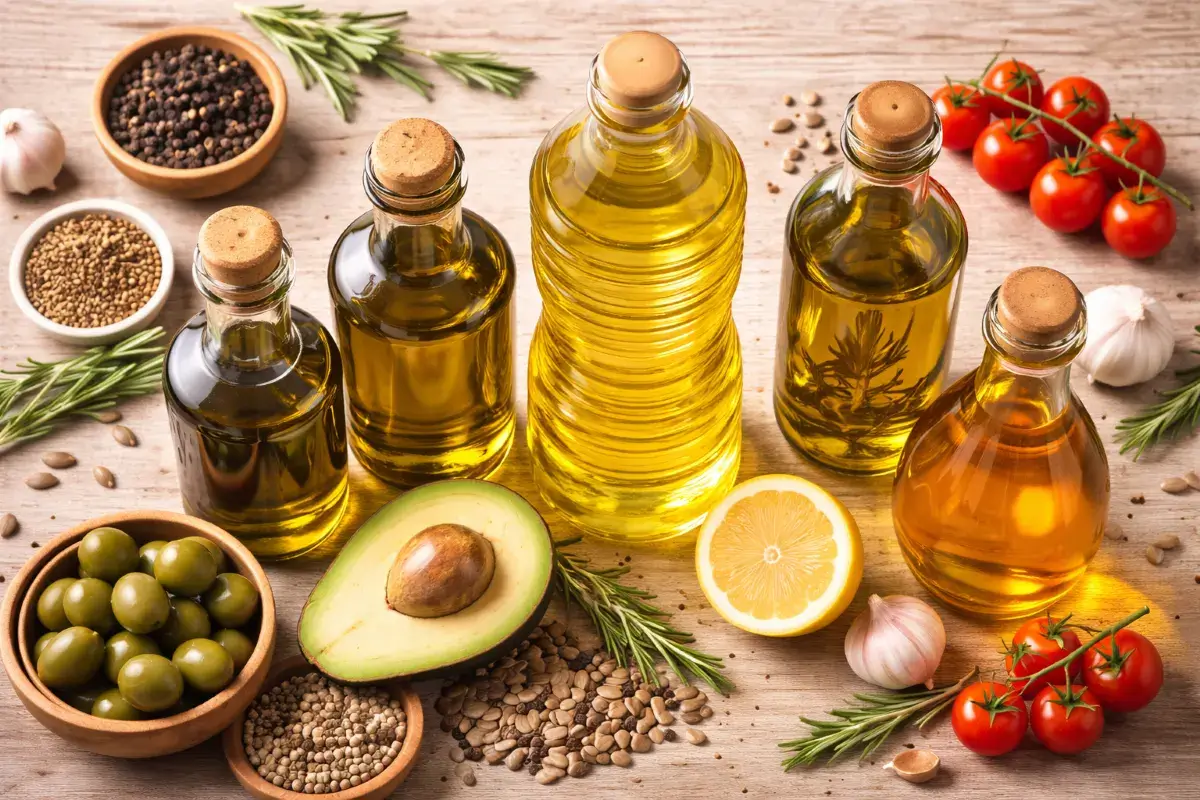 تشكيلة من زيوت الطبخ المختلفة موضوعة على سطح مطبخ مع مكونات طبيعية
