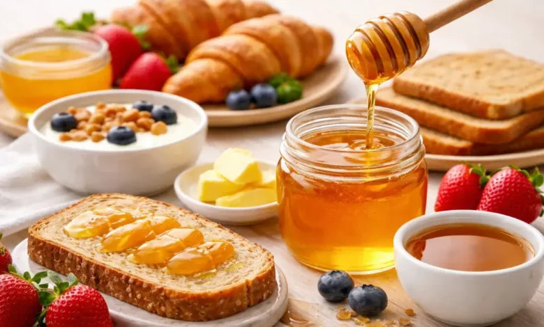 عسل طبيعي على مائدة إفطار يومي مع خبز ومشروبات صباحية