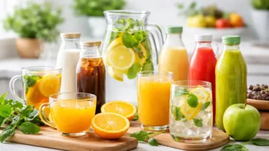 تشكيلة من المشروبات اليومية الساخنة والباردة مثل العصائر والماء المنعش والشاي في مطبخ منزلي بإضاءة طبيعية