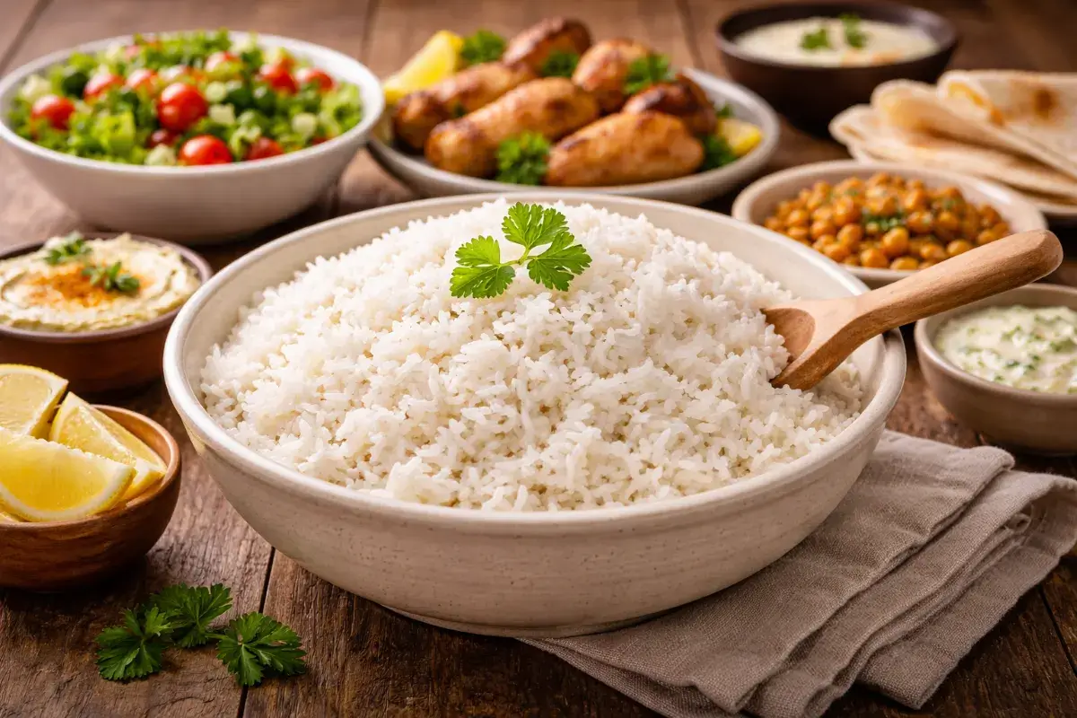طبق أرز أبيض مقدم على مائدة منزلية مع أطباق جانبية في أجواء عائلية بسيطة
