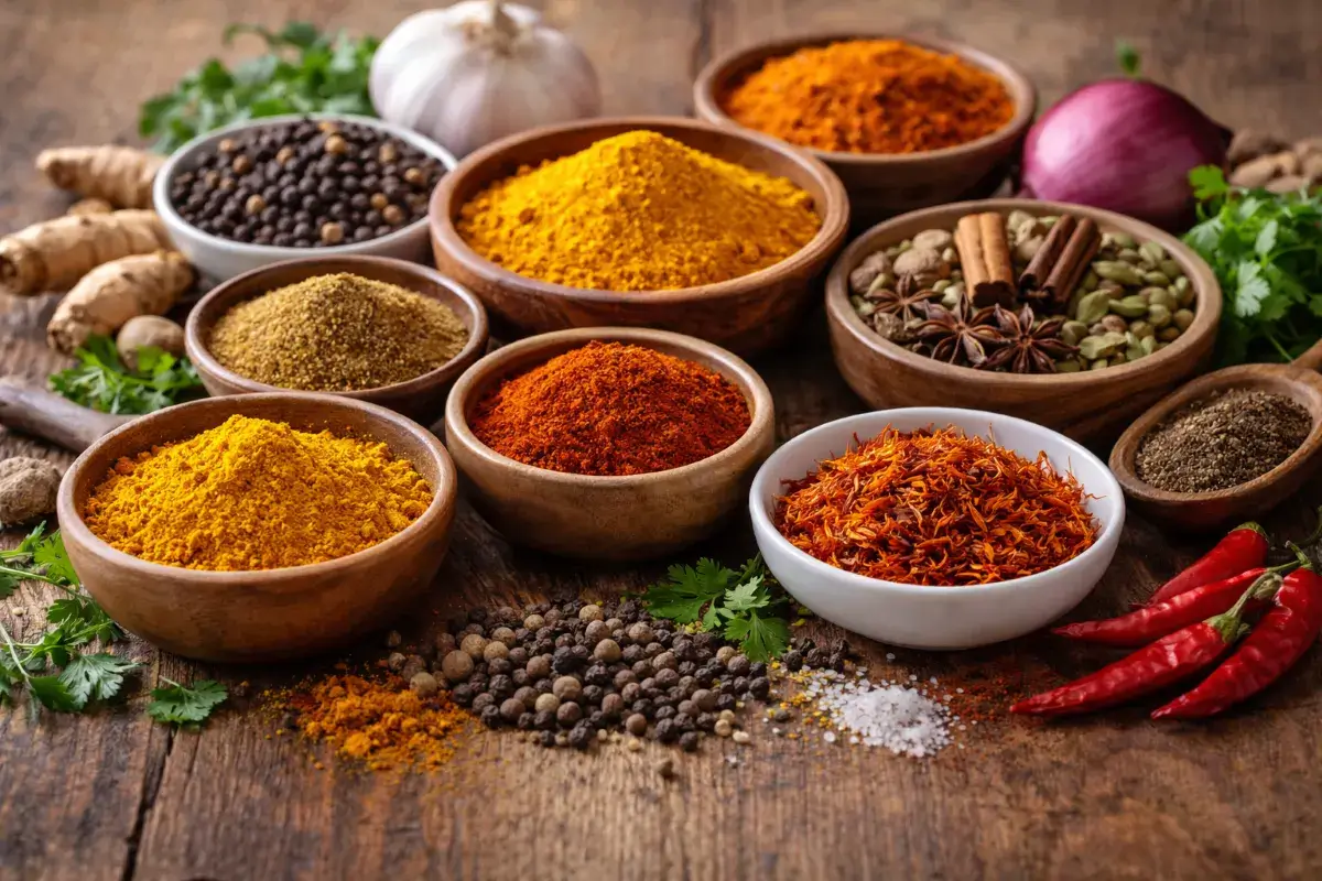 أنواع مختلفة من بهارات الطبخ السعودي موضوعة في أوعية على سطح خشبي