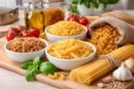 أنواع مختلفة من المكرونة الجافة موضوعة على سطح مطبخ مع مكونات طبخ أساسية