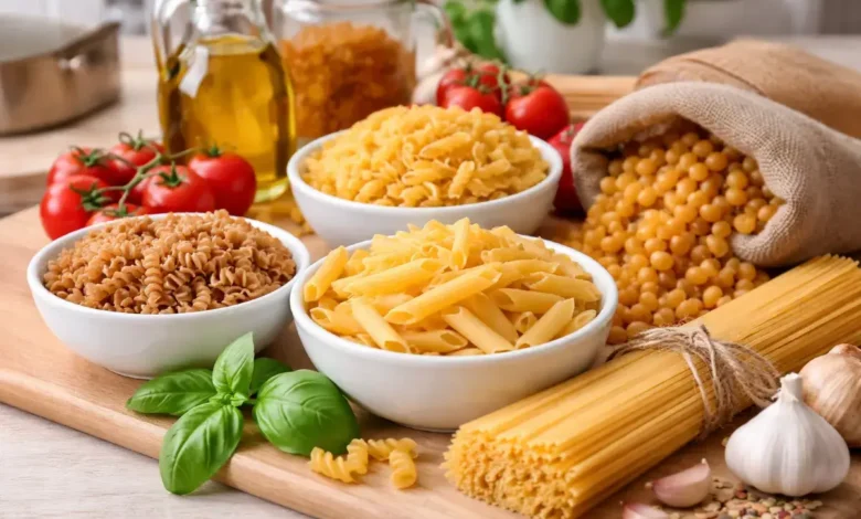 أنواع مختلفة من المكرونة الجافة موضوعة على سطح مطبخ مع مكونات طبخ أساسية