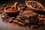 قطع شوكولاتة داكنة مع مسحوق كاكاو وحبوب كاكاو طبيعية