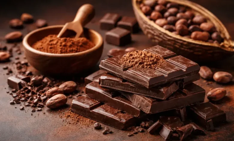 قطع شوكولاتة داكنة مع مسحوق كاكاو وحبوب كاكاو طبيعية