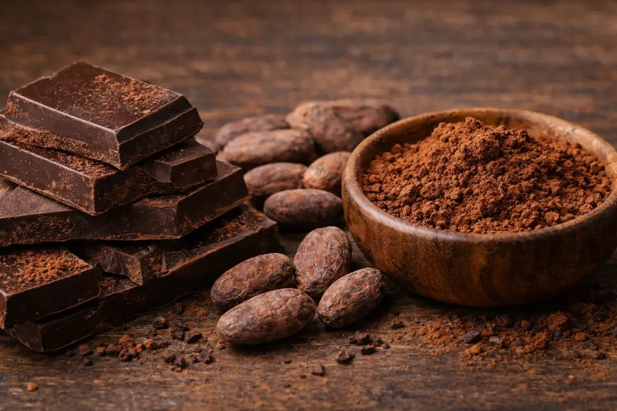 صورة توضح الشوكولاتة الداكنة مع حبوب الكاكاو ومسحوق الكاكاو على سطح خشبي