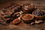 صورة توضح أنواع الشوكولاتة الداكنة وحبوب الكاكاو ومسحوق الكاكاو على سطح خشبي