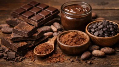 صورة توضح أنواع الشوكولاتة الداكنة وحبوب الكاكاو ومسحوق الكاكاو على سطح خشبي