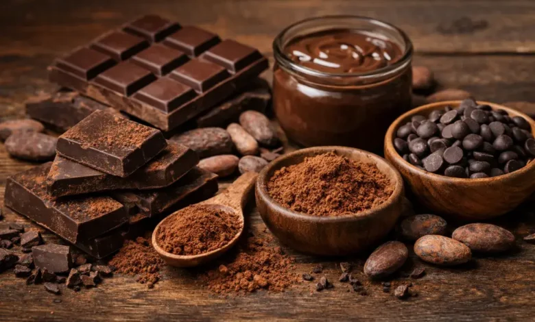 صورة توضح أنواع الشوكولاتة الداكنة وحبوب الكاكاو ومسحوق الكاكاو على سطح خشبي