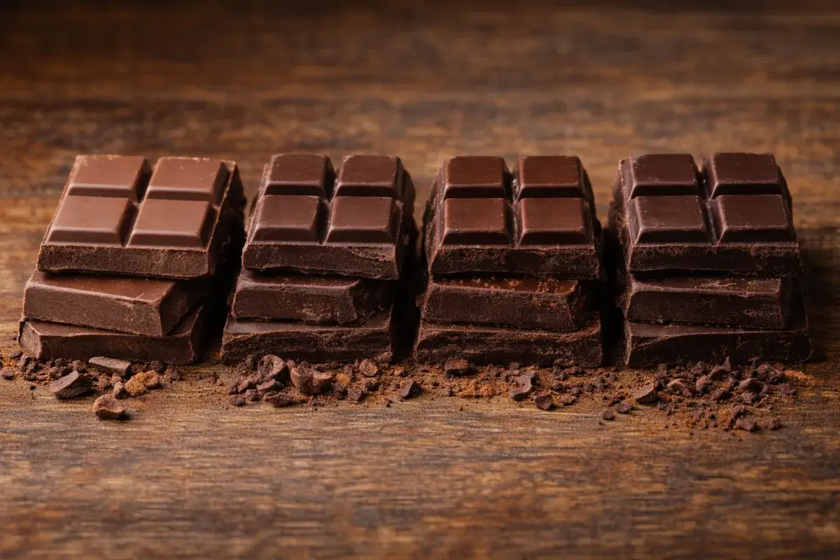 صورة توضح اختلاف لون وقوام قطع الشوكولاتة الداكنة حسب نسبة الكاكاو