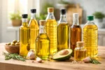 مجموعة من عبوات زيوت طبخ مختلفة موضوعة على سطح مطبخ مع مكونات طبيعية
