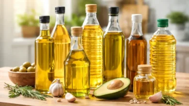مجموعة من عبوات زيوت طبخ مختلفة موضوعة على سطح مطبخ مع مكونات طبيعية