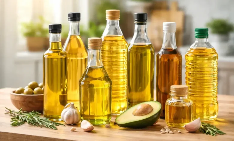 مجموعة من عبوات زيوت طبخ مختلفة موضوعة على سطح مطبخ مع مكونات طبيعية