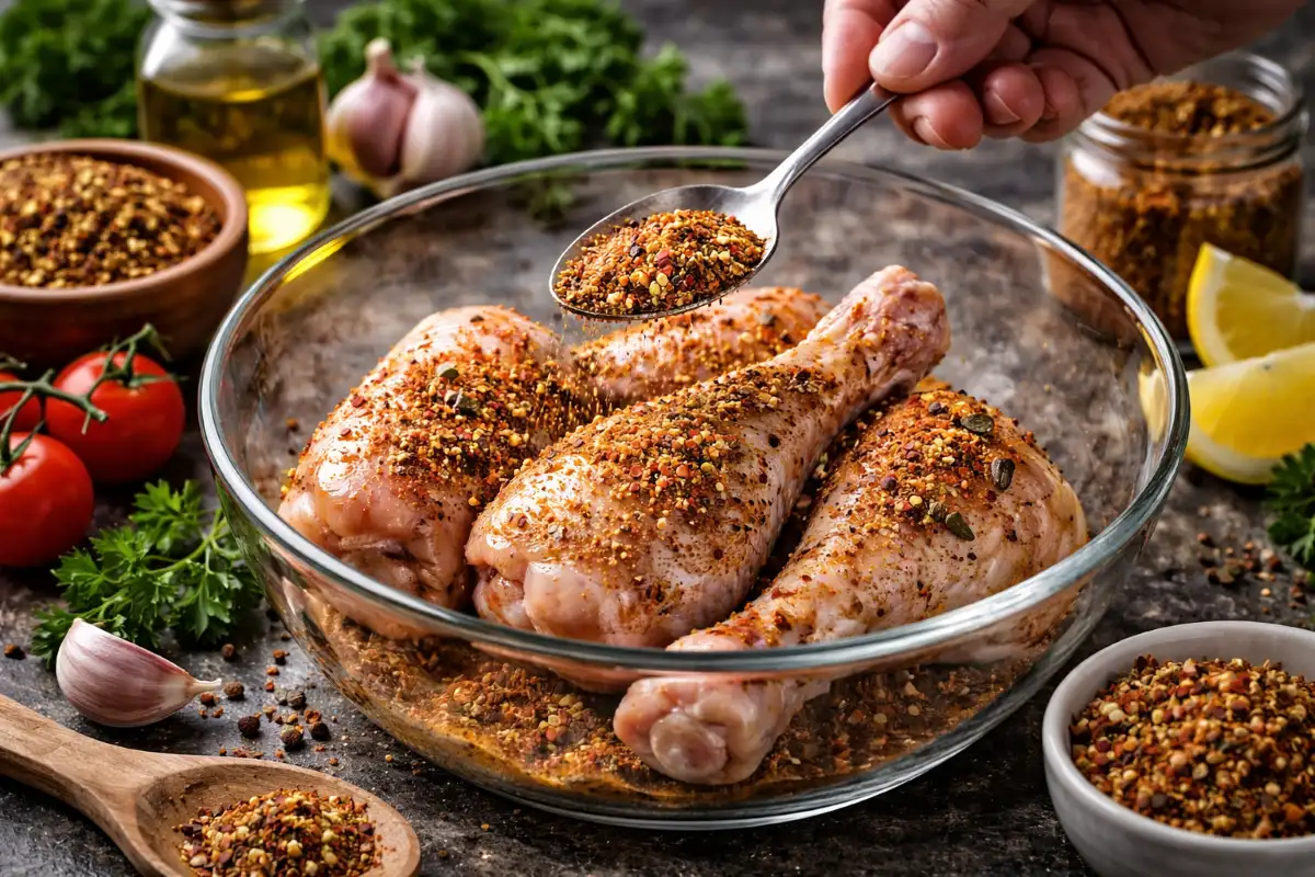 تتبيل دجاج بخلطة بهارات في وعاء زجاجي أثناء التحضير