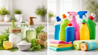 مقارنة بين منتجات تنظيف صديقة للبيئة وأخرى عادية موضوعة جنبًا إلى جنب على سطح مطبخ منزلي
