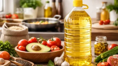 زيت طبخ للاستخدام اليومي في المطبخ العائلي مع مكونات طهي أساسية